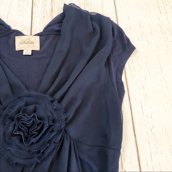 Anthropologie Deletta navy blue rosette blouse M - Picture 3 of 5